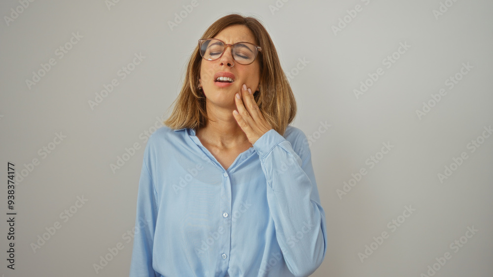 Woman experiencing toothache, wearing glasses and blue shirt, isolated over a white background Woman experiencing toothache, wearing glasses and blue shirt, isolated over a white background