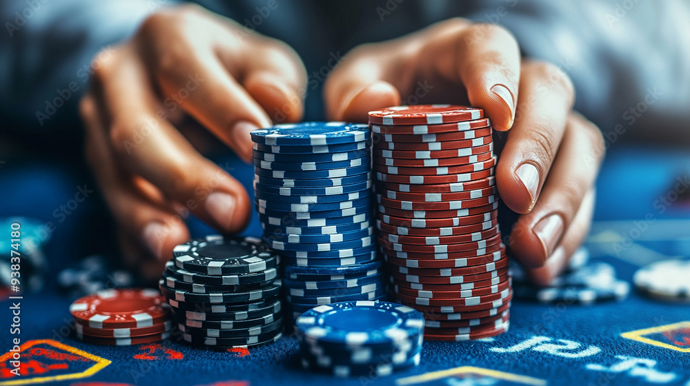 man's hands holding a stack of colorful poker chips at a casino table. The image conveys tension, strategy, and the thrill of gambling and risk-taking man's hands holding a stack of colorful poker chips at a casino table. The image conveys tension, strategy, and the thrill of gambling and risk-taking