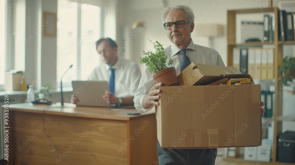 An older man holding a cardboard box, which likely contains his belongings, indicating a possible job change or retirement An older man holding a cardboard box, which likely contains his belongings, indicating a possible job change or retirement