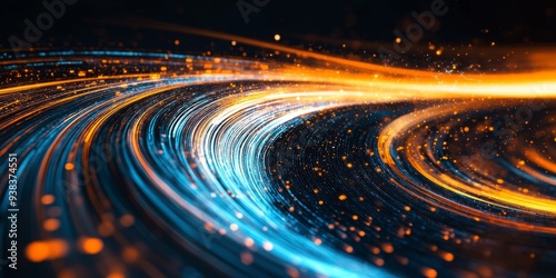 Dynamic Background with Swirling Lines of Light in Blue, Orange, and Yellow on Black Canvas, Featuring a Blurred Digital Interface