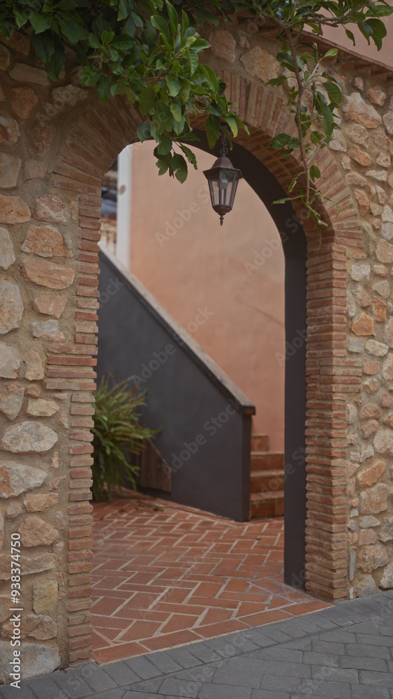 Obraz premium An archway with a hanging lantern leads to a stairway, evoking mediterranean architecture and charming ambiance.