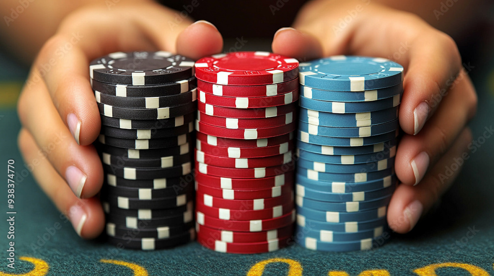 man's hands holding a stack of colorful poker chips at a casino table. The image conveys tension, strategy, and the thrill of gambling and risk-taking man's hands holding a stack of colorful poker chips at a casino table. The image conveys tension, strategy, and the thrill of gambling and risk-taking