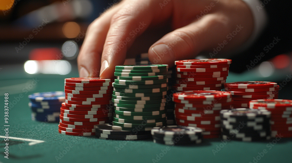 man's hands holding a stack of colorful poker chips at a casino table. The image conveys tension, strategy, and the thrill of gambling and risk-taking man's hands holding a stack of colorful poker chips at a casino table. The image conveys tension, strategy, and the thrill of gambling and risk-taking