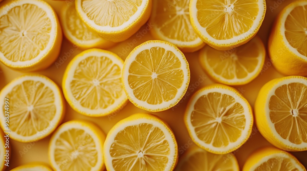 Obraz premium Lemon slices embellish table background.