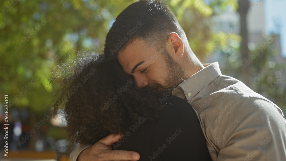 A loving embrace between a man and woman outdoors in a sunny park setting, showcasing affection and togetherness. A loving embrace between a man and woman outdoors in a sunny park setting, showcasing affection and togetherness.