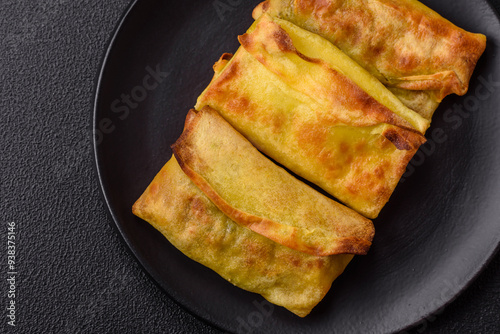 Homemade fried pancakes with filling on a ceramic plate photo