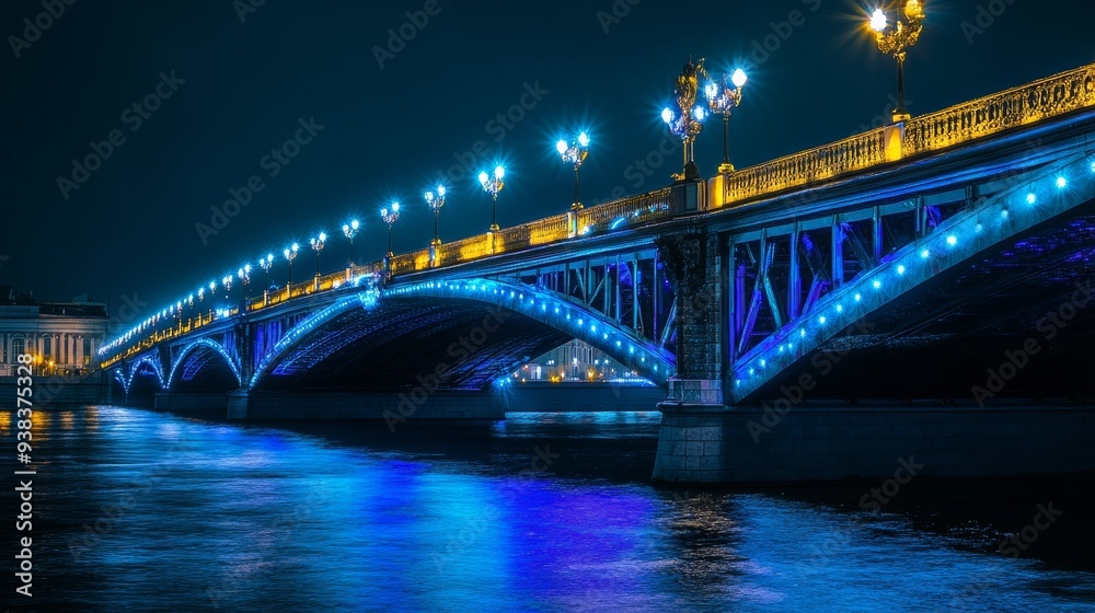 Nighttime view of Peter the Great Bridge's center.