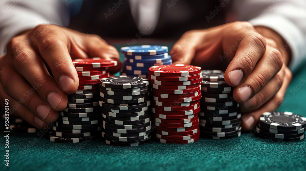 man's hands holding a stack of colorful poker chips at a casino table. The image conveys tension, strategy, and the thrill of gambling and risk-taking man's hands holding a stack of colorful poker chips at a casino table. The image conveys tension, strategy, and the thrill of gambling and risk-taking