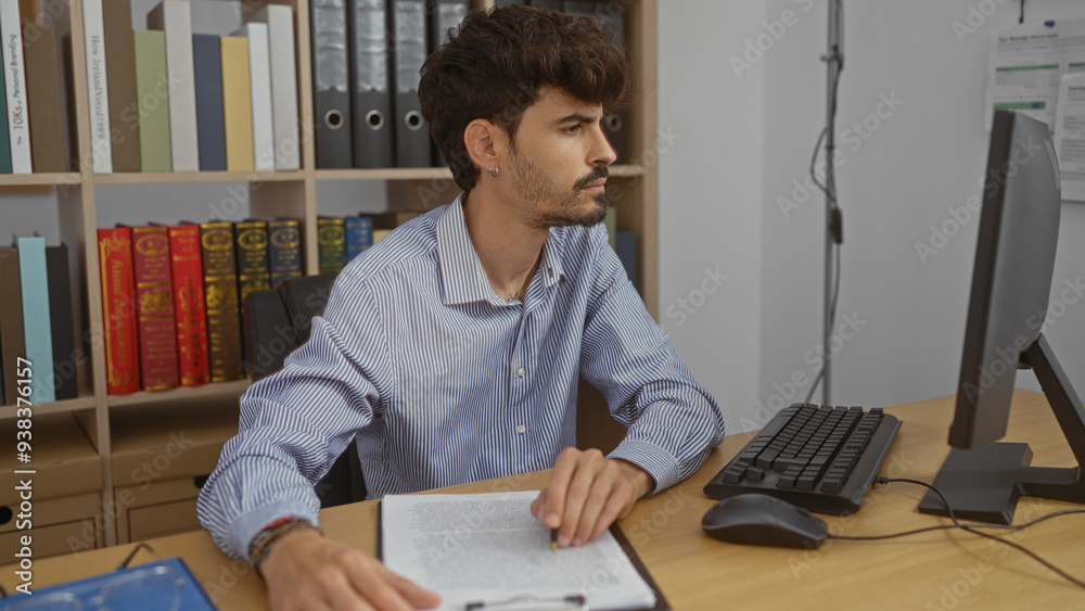 Handsome young man working indoors in an office setting with shelves of books and folders, wearing a striped shirt, focusing on documents at a desk with a computer Handsome young man working indoors in an office setting with shelves of books and folders, wearing a striped shirt, focusing on documents at a desk with a computer