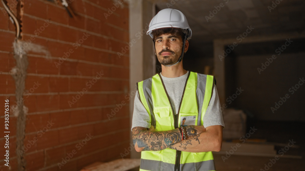 Young bearded man with tattoos and crossed arms wearing a hard hat and safety vest at a construction site featuring unfinished architecture and building materials
