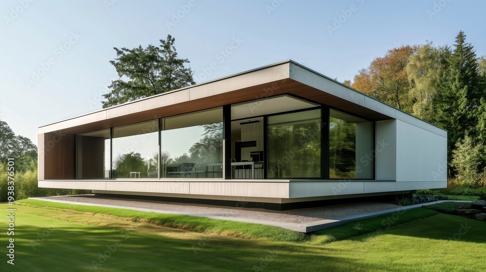 Modern house with large windows overlooking a green lawn. Modern house with large windows overlooking a green lawn.
