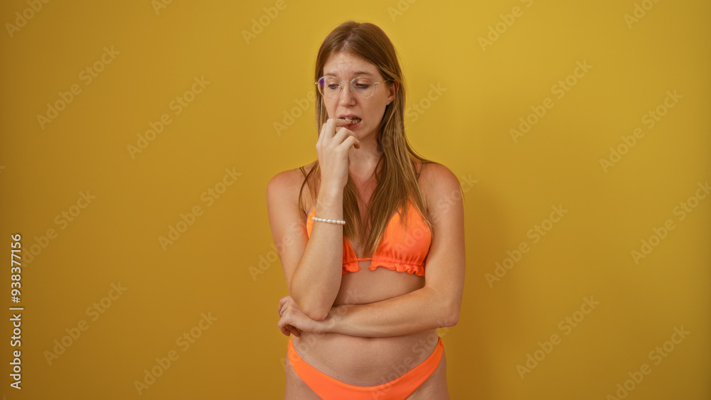 Fototapeta premium Young, beautiful woman in an orange bikini standing against a yellow background, looking thoughtful and biting her finger, isolated and posing confidently.