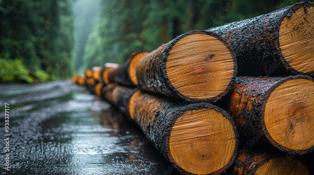 winding dirt road bordered by a dense forest, with a large pile of freshly cut logs stacked on the side, symbolizing deforestation and the impact of human activity on nature winding dirt road bordered by a dense forest, with a large pile of freshly cut logs stacked on the side, symbolizing deforestation and the impact of human activity on nature
