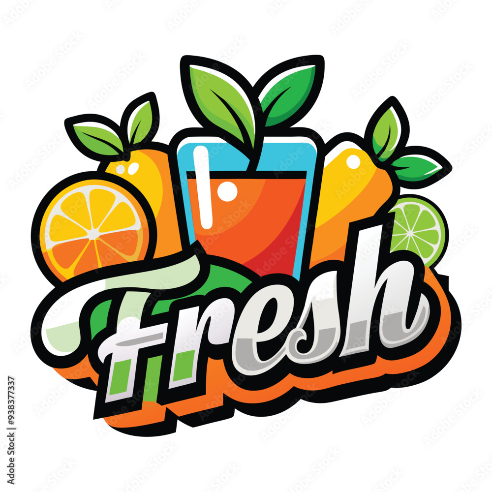 Naklejka premium Vector logo with calligraphic inscription Fresh juice with green leaves and drops on black background