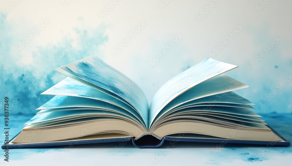 Obraz premium Abstract watercolor waves spread across the open book pages creating a rhythmic and flowing visual experience