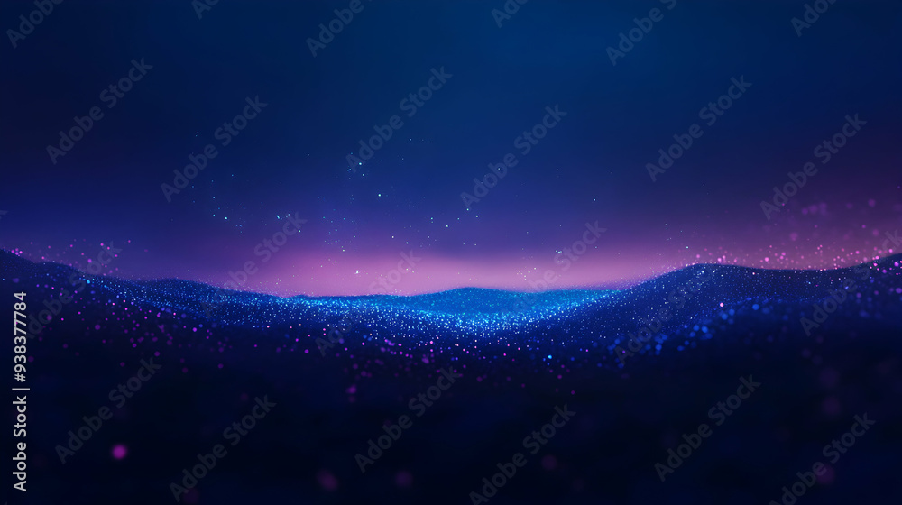 Fototapeta premium A surreal landscape where the sky transitions from deep blue to purple, then to dark blue, with a glowing grainy gradient effect