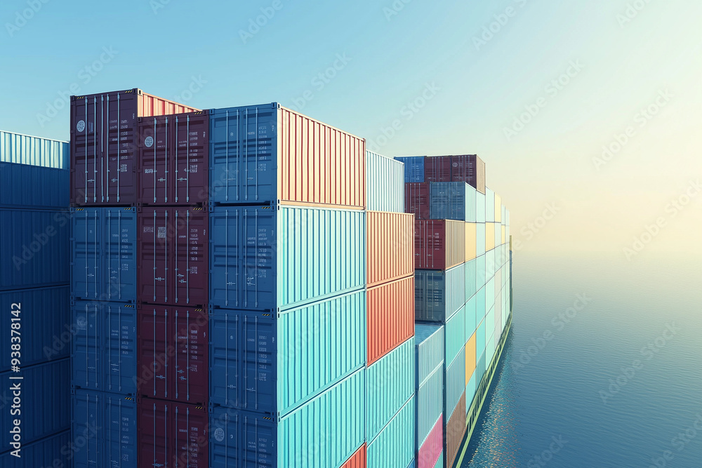 Fototapeta premium The freighter, loaded with cargo, glides through blue waters under a sunset sky, symbolizing the flow of global trade and logistics.