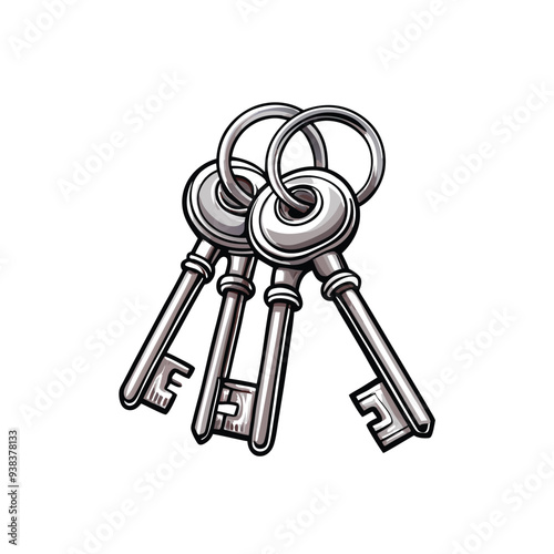 A realistic, detailed drawing of a set of three silver keys on a white background.