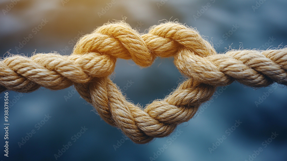 rope tied in a knot forming a heart shape, symbolizing love, commitment, and strength in relationships. The image conveys the meaning of 