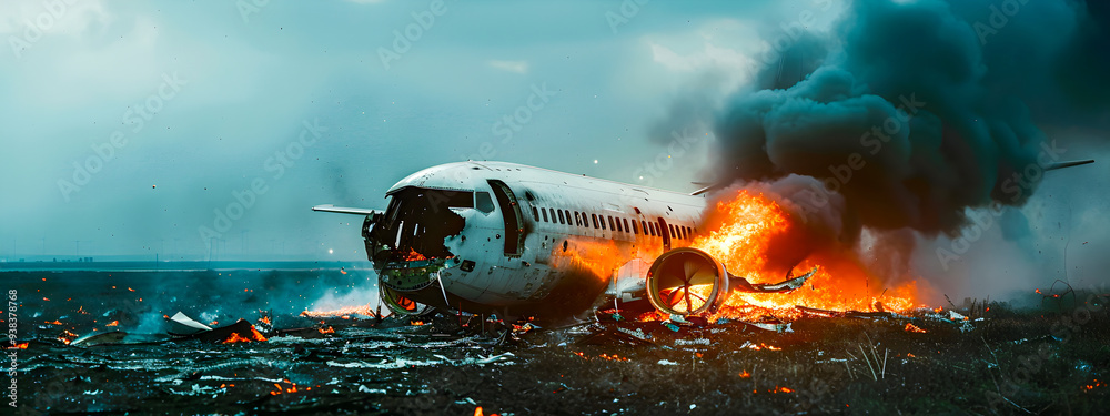 A passenger plane crashed and caught fire in a field, copy space. Concept of airplane crash, crash. A passenger plane crashed and caught fire in a field, copy space. Concept of airplane crash, crash.