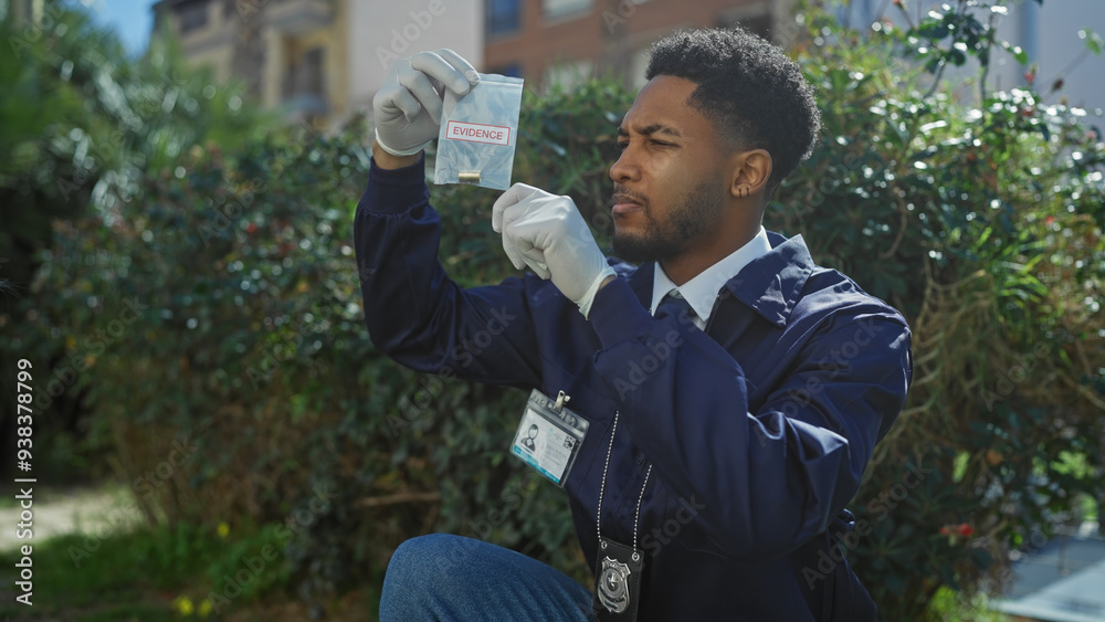 A focused african american man in law enforcement examines evidence outdoors among green foliage. A focused african american man in law enforcement examines evidence outdoors among green foliage.