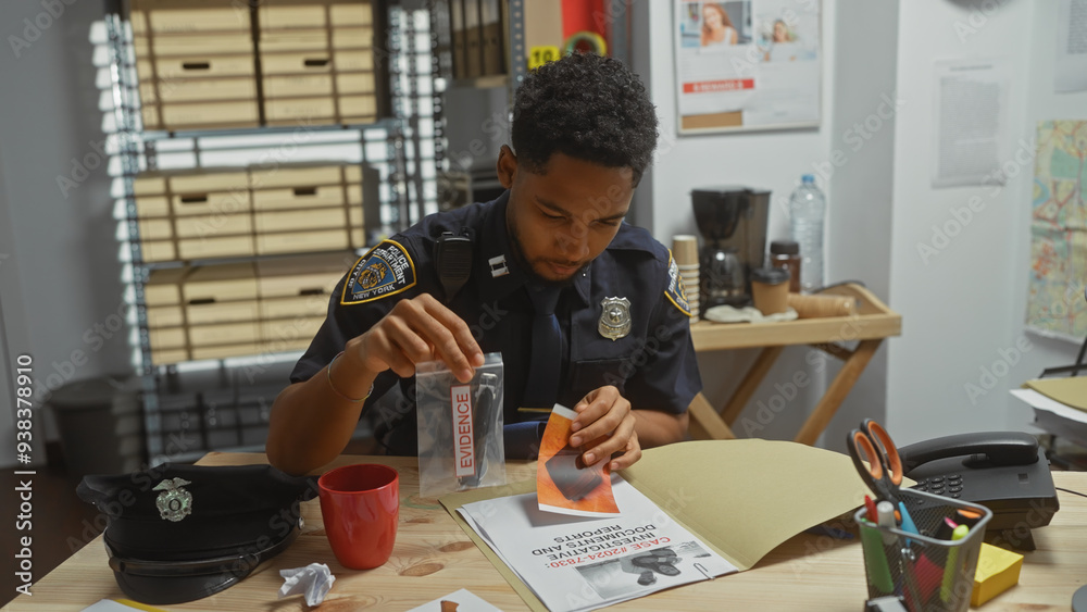 African american policeman analyzing evidence in new york city department office. African american policeman analyzing evidence in new york city department office.