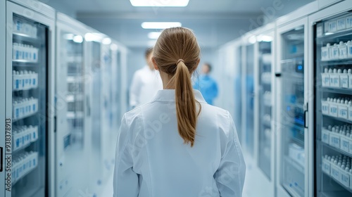 Woman in a lab, observing egg freezing equipment, 3D illustration
