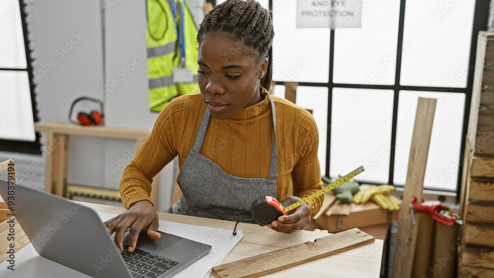 African american woman with braids measuring wood in a carpentry workshop while using laptop. African american woman with braids measuring wood in a carpentry workshop while using laptop.