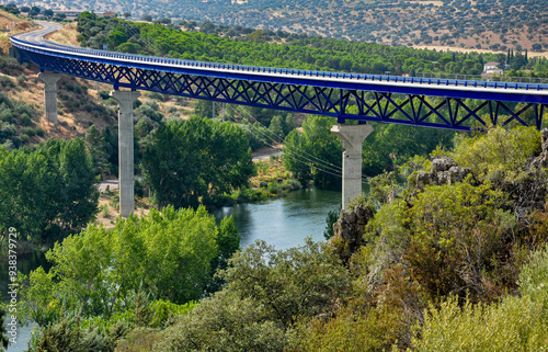 Viaduct over the Guadiana river in La Siberia Extremeña at the height of the García de Sola reservoir on the National Road 430, Extremadura, Badajoz province