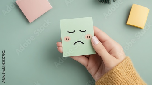 A hand holding a green card with a sad face illustration, representing emotions and mental well-being.