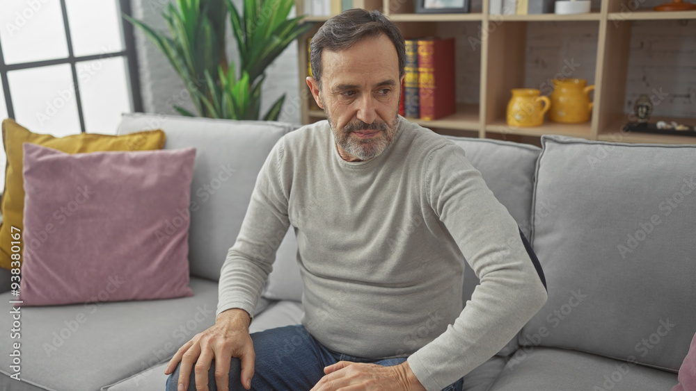 Middle-aged bearded man sitting thoughtfully on a gray sofa in a cozy, modern living room setting. Middle-aged bearded man sitting thoughtfully on a gray sofa in a cozy, modern living room setting.