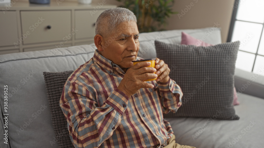 Mature hispanic man enjoying a hot drink indoors, sitting on a couch in a cozy living room with a plaid shirt and a thoughtful expression. Mature hispanic man enjoying a hot drink indoors, sitting on a couch in a cozy living room with a plaid shirt and a thoughtful expression.