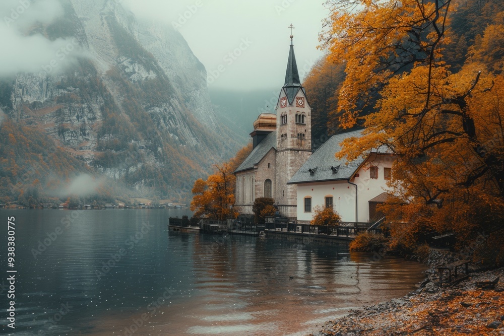 Fototapeta premium A peaceful scene with a church situated on the shoreline of a serene lake