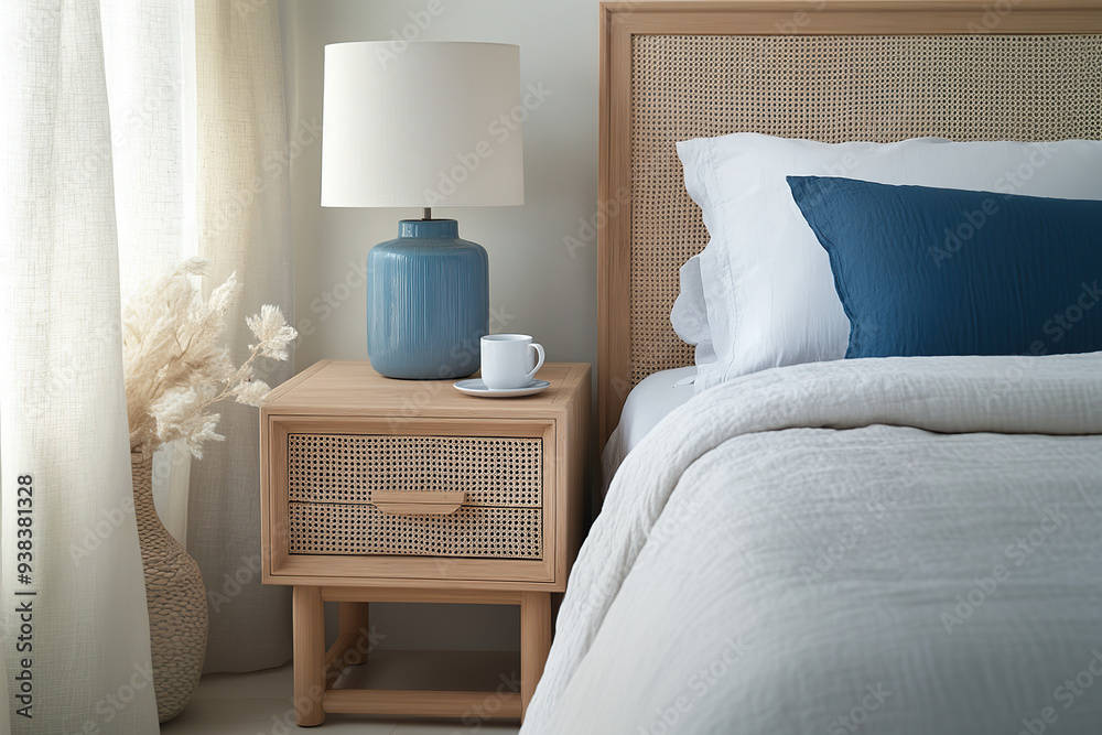 Φωτογραφία Simple bedside table, oak wood and rattan weaving art material combination, blue ceramic lamp on top of the sideboard next to it, white linen bed with navy satin pillows, natural light illuminates