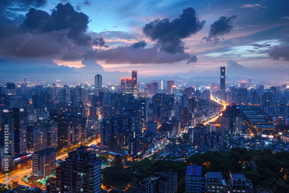 Obraz premium High-rise building offering a view of the city at night, with twinkling lights and bustling streets below