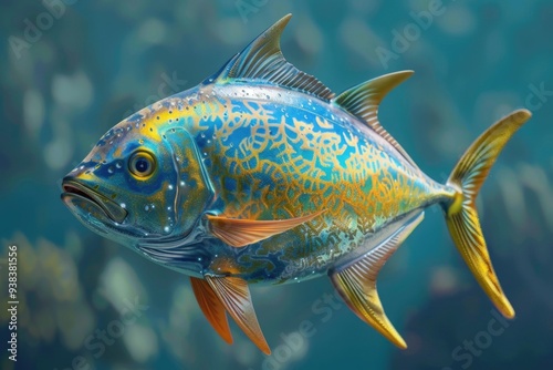 A blue and yellow striped fish swimming in the water