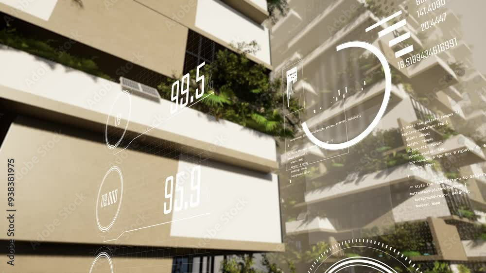 Modern animation shows energy consumption data in a futuristic smart vertical city. Numbers and motion graphic overlay