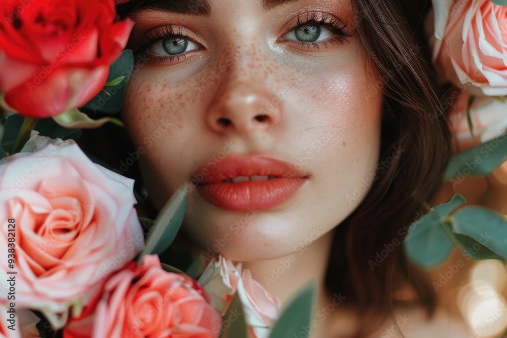 Φωτογραφία A portrait of a woman with freckles surrounded by roses, great for romantic or v