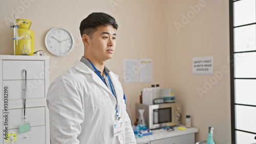 A young asian man dressed as a healthcare professional stands in a well-equipped, modern laboratory setting. photo