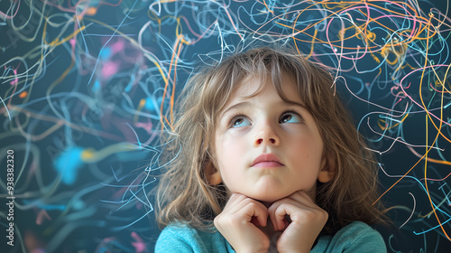 Photo of a child with a thoughtful expression, surrounded by graphic tangled lines and floating ideas, illustrating the complex and busy mind of a child with ADHD. photo