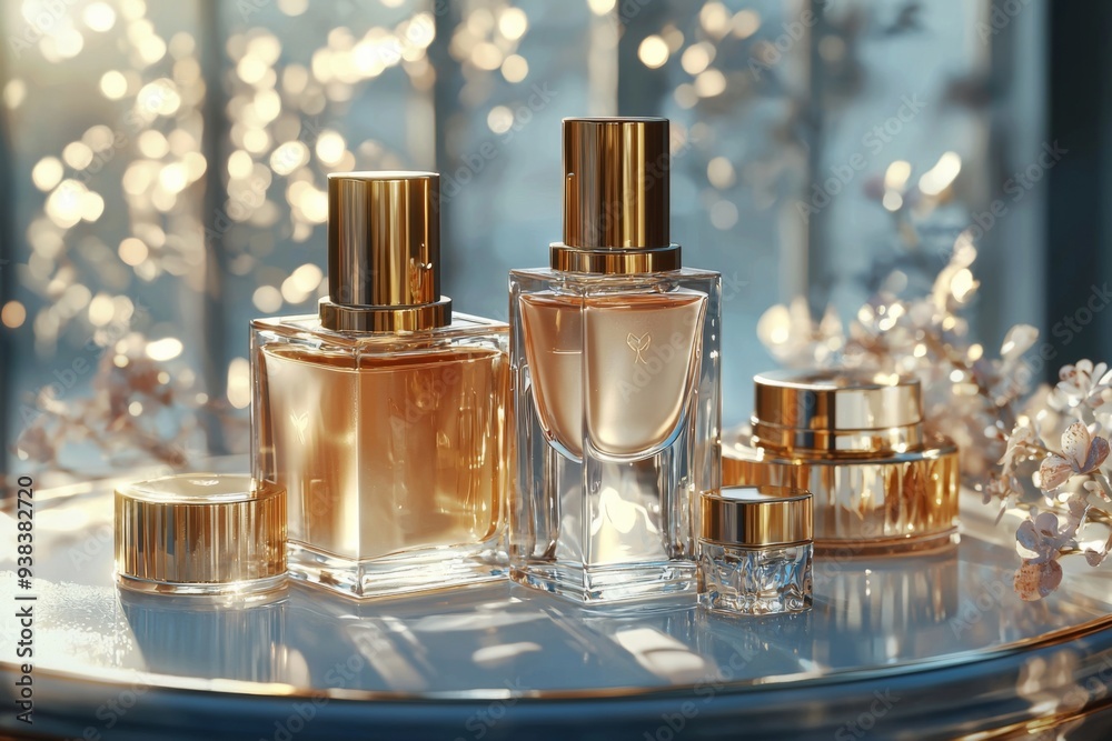 Luxurious cosmetic packaging bottles created with generative AI Luxurious cosmetic packaging bottles created with generative AI