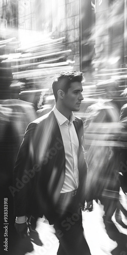 man walking through crowd with blurred background