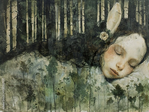 Sleeping Beauty in the Enchanting Forest: A Dreamlike Watercolor Painting photo