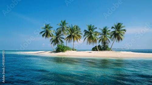 Sunny summer beach with palms, sea and tropical islansd