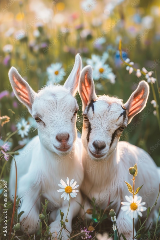 Φωτογραφία Two adorable baby goats sitting amidst a colorful field of flowers
