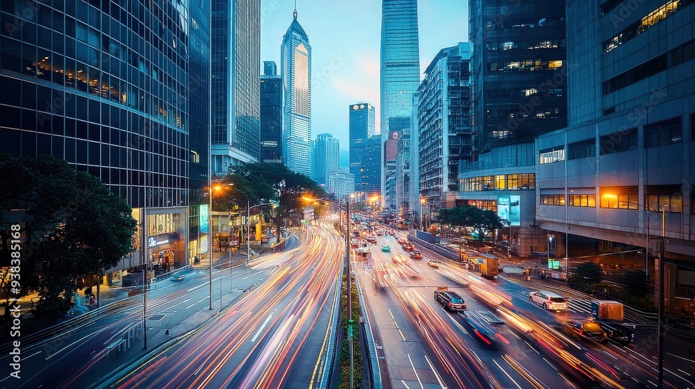 Urban intersection at twilight, with busy traffic and light trails from passing cars. Skyscrapers reflect the fading sunlight, capturing the city's transition from day to night.
Urban intersection at twilight, with busy traffic and light trails from passing cars. Skyscrapers reflect the fading sunlight, capturing the city's transition from day to night.