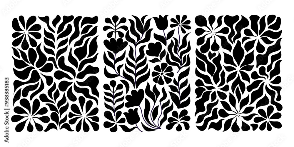 © Janna7 - Groovy abstract flower posters. Floral doodle patterns. Trendy vector set.
