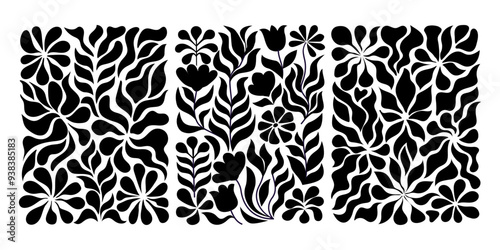 Groovy abstract flower posters. Floral doodle patterns. Trendy vector set.