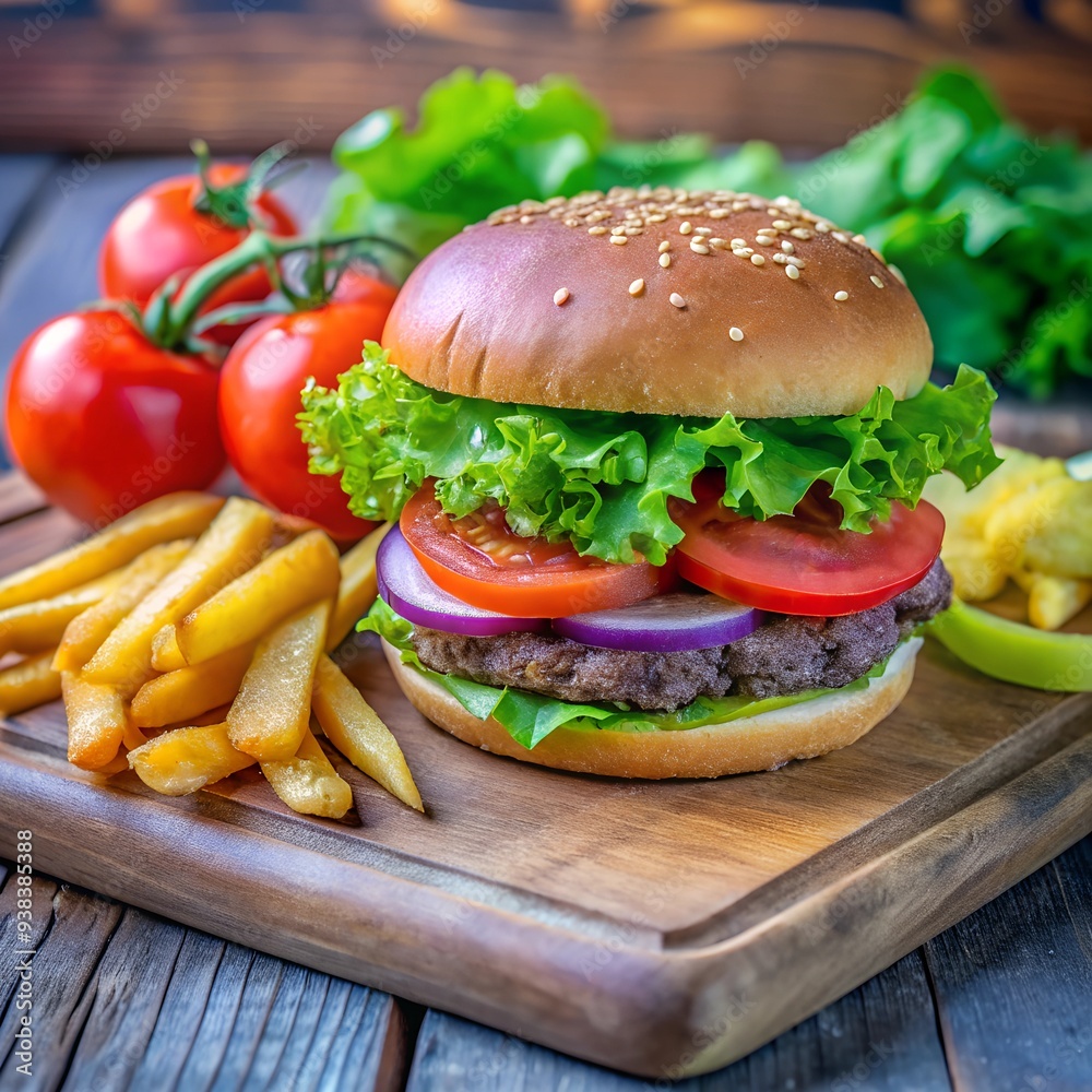 Burger on a wooden plate with fried potatoes. Burger on a wooden plate with fried potatoes.