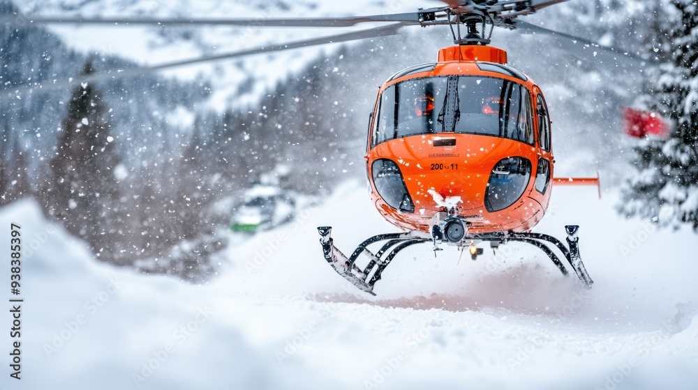 A bright orange helicopter lands on a snowy landscape under a clear winter sky, highlighting the stark contrast between the vibrant aircraft and the snowy wilderness. A bright orange helicopter lands on a snowy landscape under a clear winter sky, highlighting the stark contrast between the vibrant aircraft and the snowy wilderness.